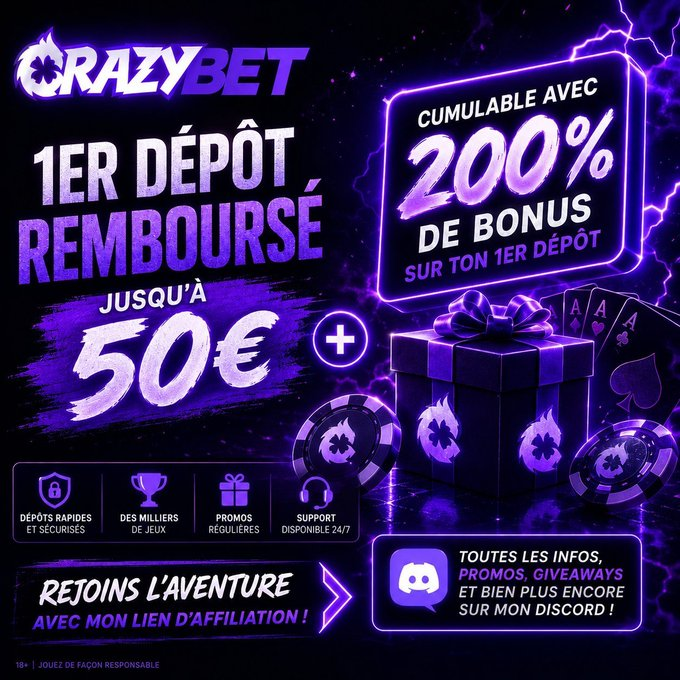 Crazybet — 1er dépôt remboursé jusqu'à 50 €, cumulable avec 200 % de bonus sur ton 1er dépôt